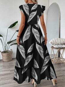 SHEIN LUNE V领荷叶袖喇叭下摆长款连衣裙，度假休闲印花无袖女士长裙，适合外出穿着，秋季服装