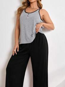 针织休闲撞色无袖上衣和裤子睡衣套装 - 黑色 - 查看 5