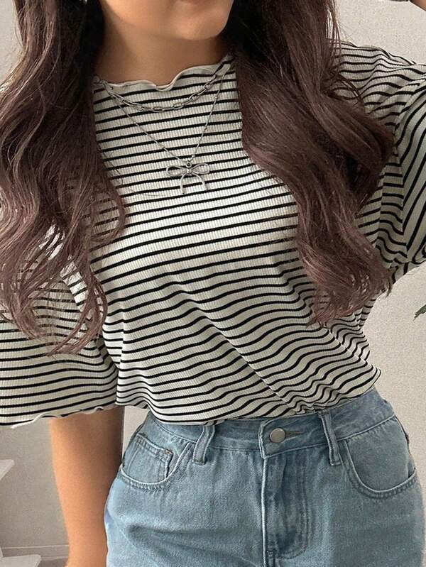 Dazy Plus Oversized Striped Short Sleeve Black And White Summer T-Shirt Preppy Tops