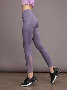 Activina 吸汗撞色网眼运动紧身裤，带手机口袋，女款瑜伽裤 - 淺灰紫 - 查看 1