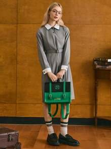 HARRY POTTER X SHEIN 女士学院风撞色字母蛇纹印花背包 - 綠色 - 查看 5