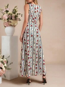 Amorya 女士圆领无袖条纹花卉印花高腰修身直筒裤，优雅日常穿着，春夏，秋季