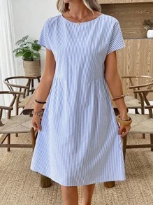 EMERY ROSE Vestido de verano casual de mujer con cuello redondo y rayas