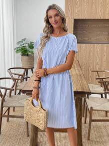 EMERY ROSE Vestido de verano casual de mujer con cuello redondo y rayas