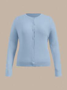 SHEIN BASICS كارديجان طويل الأكمام بلون أساسي للمقاسات الكبيرة في فصل الخريف/الشتاء - أزرق فاتح اللون - مشاهدة 1