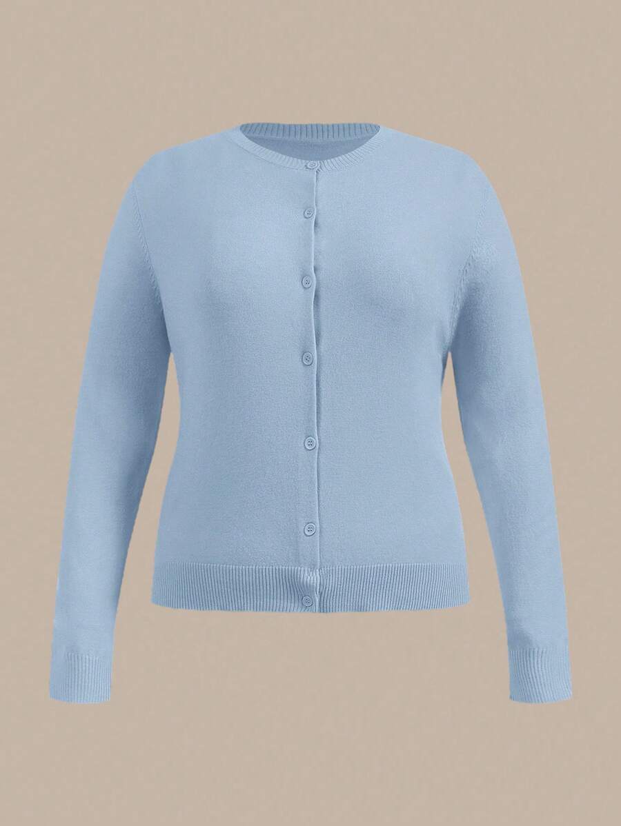 SHEIN BASICS كارديجان طويل الأكمام بلون أساسي للمقاسات الكبيرة في فصل الخريف/الشتاء - أزرق فاتح اللون - مشاهدة 1