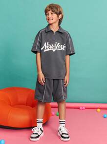 SHEIN Tween Boy Dark Grey Minimalist Contrast Trim Short Sleeve Polo Shirt And Shorts Set,Summer Casual School Back-To-School Clothes Christmas Gift Set - Dark Grey - View 2