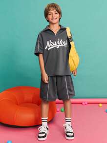 SHEIN Tween Boy Dark Grey Minimalist Contrast Trim Short Sleeve Polo Shirt And Shorts Set,Summer Casual School Back-To-School Clothes Christmas Gift Set - Dark Grey - View 1