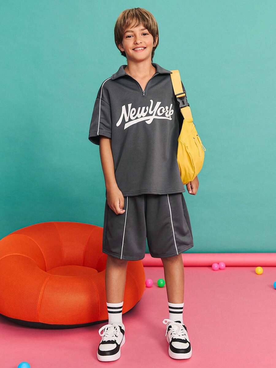 SHEIN Tween Boy Dark Grey Minimalist Contrast Trim Short Sleeve Polo Shirt And Shorts Set,Summer Casual School Back-To-School Clothes Christmas Gift Set - Dark Grey - View 1