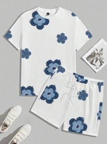 Manfinity Homme Men's Summer Casual Floral Print T-Shirt Set - White - View 5