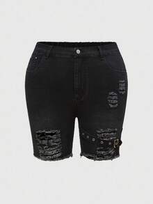 ROMWE Grunge Punk Plus Size Women's Pocketed Distressed Adjustable Buckle Design Casual Denim Shorts - Dark Grey - View 1