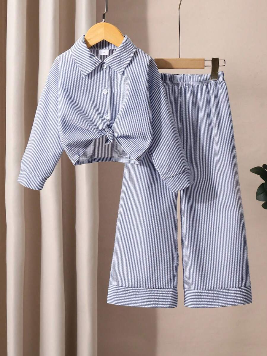 2pcs Girls Striped Lapel Long Sleeve Cardigan Shirt And Straight Leg Pants Set, Casual School Uniform Back To School Outfit - Blue - View 1