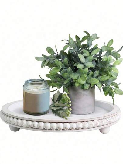 SHEIN 1PC Decor 12in Round Tray For Home Decor- White Wood Beaded Tray- Decorative Round Tray For Living Room Decor Coffee Table Decor Kitchen Table Decor Or Farmhouse Serving Tray