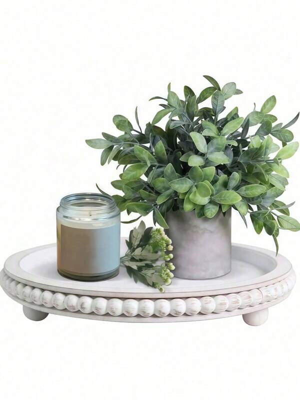 SHEIN 1 ADET Dekor 12in Yuvarlak Tepsi Ev Dekoru İçin - Beyaz Ahşap Boncuklu Tepsi - Dekoratif Yuvarlak Tepsi Oturma Odası Dekoru Sehpa Dekoru Mutfak Masası Dekoru veya Çiftlik Evi Servis Tepsisi