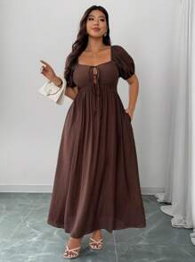 SHEIN Unity 大码女式春夏法式浪漫西西里优雅连衣裙，休闲办公室/假日下午茶派对，纯色方形领口配蝴蝶结，后腰带荷叶边 A 字形喇叭袖长裙