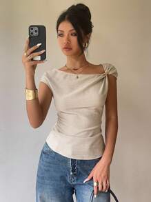 Siren Gaze Damen Lässige Bluse aus Leinen mit geraffter schräger Schulter, Sommer
