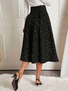 SHEIN Clasi 花卉圖案提花前紐扣喇叭半身裙 - 黑色 - 查看 2