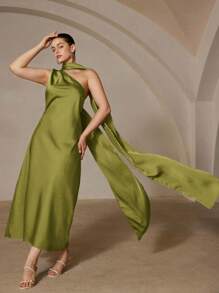 Aveloria Revavyn Váy không tay cỡ lớn có eo bằng vải satin, thiết kế vai bất đối xứng, dây buộc quanh eo, váy dự tiệc cao cấp - màu xanh lá - Xem 7