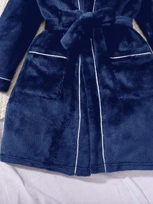 SHEIN ملابس منزلية محبوكة مبطنة بالحرارة ذات لون أحادي للفتيان المراهقين - أزرق بحري - مشاهدة 6