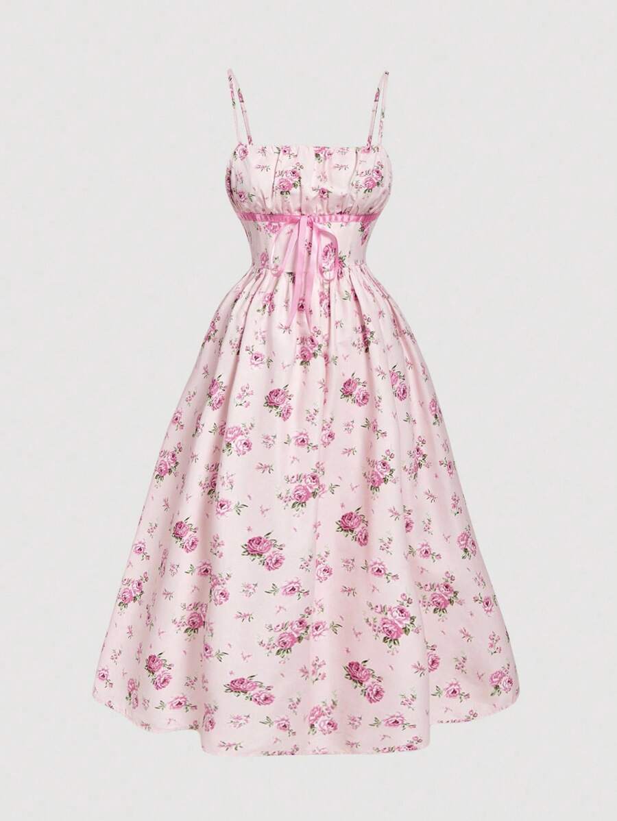 SHEIN MOD 加大码花卉印花褶饰胸围蝴蝶结装饰无袖夏装 - 彩色 - 查看 1