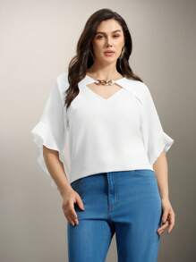 Camisa de talla grande de unicolor con cuello hueco y mangas con volantes - Blanco - Ver 6
