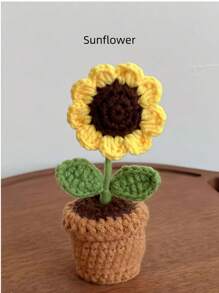 手工编织郁金香盆栽、钩针向日葵盆栽、心形花桌面摆件、编织玫瑰花成品、勿忘我盆栽、仿真花桌面摆件、派对小礼物 - 彩色 - 查看 6