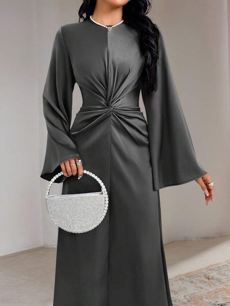 Veilorie 1pc Women's Casual Arabian Modest Long Sleeve Dress, Minimalist Fashion For Daily Wear Long Evening Dresses