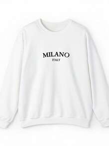 SHEIN EZwear Casual Minimalist Milano Print Pattern White Round Neck Loose Fit Long Sleeve Hoodie Sweatshirt For Women, Suitable For Autumn/Winter - White - View 3