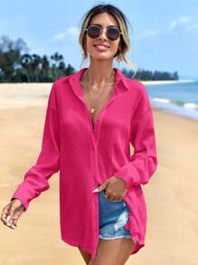 EURMUSE Camisa de manga larga holgada de unicolor con hombros caídos, estilo minimalista y casual de vacaciones para mujer - Rosa Fucsia - Ver 7