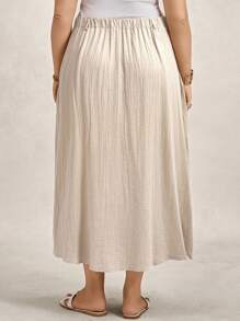 Zelara Váy dài vừa phải cài nút màu mơ thường ngày cỡ lớn dành cho nữ, chất liệu cotton thoải mái cho mùa thu - Màu be - Xem 2