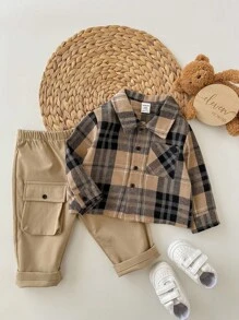 Baby Boy Colorful Plaid Collared Long Sleeve Button Down Shirt And Casual Pants Set, For Christmas - Khaki - View 4