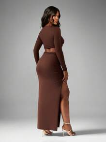 MISSGUIDED Braided Trim Long Sleeve Two Piece Co-Ord Set Crop Top High Split Maxi Skirt Ruched Detail Party Evening Fall Winter Occasion Wear - Coffee Brown - View 2