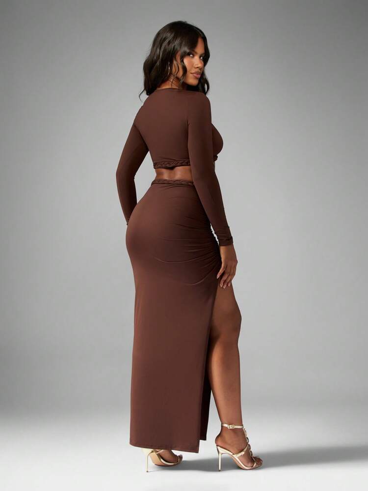 MISSGUIDED Braided Trim Long Sleeve Two Piece Co-Ord Set Crop Top High Split Maxi Skirt Ruched Detail Party Evening Fall Winter Occasion Wear