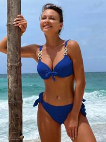 SHEIN Swim Damen Einfarbiger Badeanzug mit Schleife & Metalllkette Dekor, Strukturierter Stoff, Sommerbikini