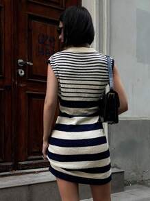 DAZY Women Sleeveless Striped Polo Collar Short Sweater Dress - Black - View 6