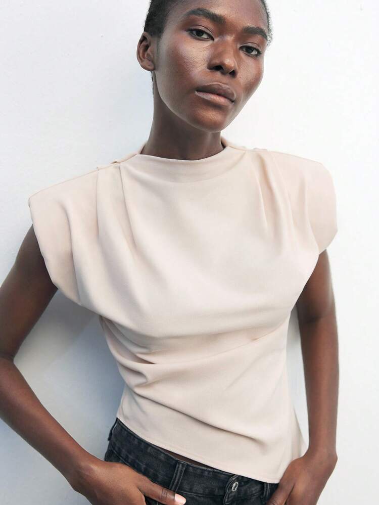 SHEIN Maija Women's Apricot Asymmetrical Hem Stand Collar Casual Top, Versatile Business Casual Office Teacher Business Casual Work Wear, Going Out Top