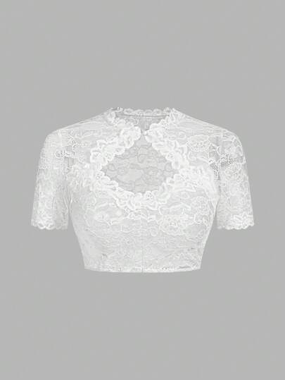 SHEIN Frenchy Women Floral Lace Hollow Out Design Short Sleeve Sexy Crop Top,Women's Sexy Sheer Lace Cropped Top, Ladies' Lace Trimmed Short Sleeve Top With Sweetheart Collar And Ruched Design, Women's Solid Color Simple Daily Hollow-Out Lace Trim Short Sleeve Blouse Casual White Summer
