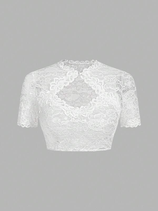 SHEIN Frenchy Women Floral Lace Hollow Out Design Short Sleeve Sexy Crop Top,Women's Sexy Sheer Lace Cropped Top, Ladies' Lace Trimmed Short Sleeve Top With Sweetheart Collar And Ruched Design, Women's Solid Color Simple Daily Hollow-Out Lace Trim Short Sleeve Blouse Casual White Summer
