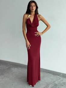 Aloruh Váy hở lưng xếp ly màu trơn dành cho nữ - Màu Đỏ Sâu - Xem 4