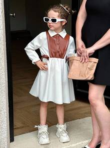 Elladie kids Đầm ngắn tay dài cổ bẻ vai thường ngày, cạp cao, chất liệu PU, phối họa tiết nơ, thích hợp cho bé gái đi học mùa thu. - Cà phê - Xem 7