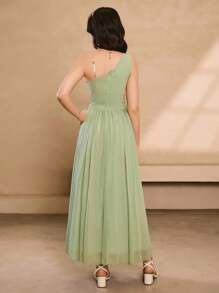 Elegant Pleated Waist Spaghetti Strap Dress, Suitable For Weddings, Back To School Season, Teens - Green - View 2