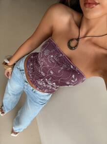 Aloruh 女士性感酒红色刺绣亮片露肩短款上衣，派对装 - 酒紅色 - 查看 7