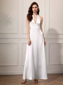 Briarwyn Vestido elegante de unicolor sin espalda con cuello halter, ropa de otoño, estilo de mujer de dinero antiguo, atuendo de fiesta todo blanco para mujer, atuendo de cita nocturna para mujer, atuendo de vacaciones para mujer, vestido de invitada de boda para mujer, vestidos de fiesta para mujer. - Blanco - Ver 4