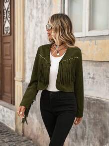 SHEIN VCAY Women's Long Sleeve Fringe Design Fashion Woven Solid Color Jacket In Fall/Winter - Army Green - View 3