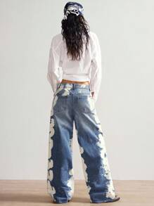 Bohemela 女式扎染图案口袋宽腿宽松休闲牛仔裤 - 藍色 - 查看 7