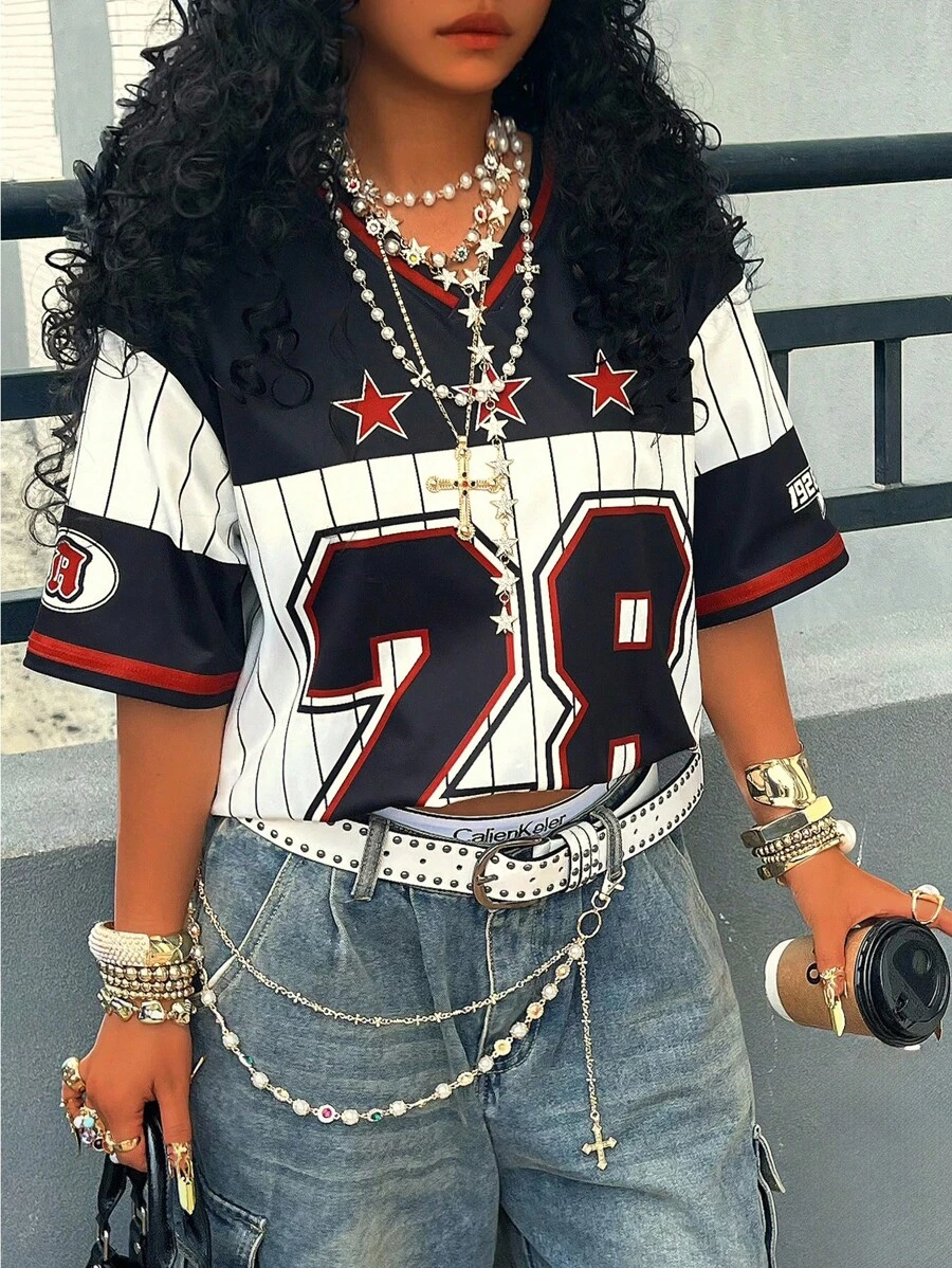 Rovax Áo thun nữ cổ chữ V tay ngắn in hình ngôi sao 5 cánh và sọc kỹ thuật số - Nhiều màu - Xem 1