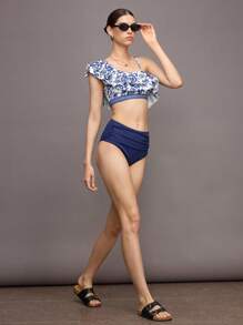 Activina Women's Floral Print Ruffle Asymmetric Neck Sports Bikini Set For Vaction