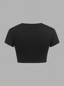 SHEIN BASICS 4 Stücke/Set lässige einfarbige gestrickte Kurzarm Crop Damen T-Shirts mit Rundhalsausschnitt