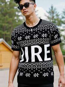 Manfinity Homme Men's Casual Letter Print Round Neck Short Sleeve Knit Sweater, Summer Back To School - Multicolor - View 5