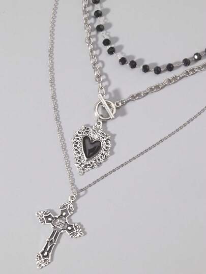 Hippie 3pcs Gothic Dark Glass Crystal Cross, Heart Pendant Necklace, Personalized Hip Hop Multilayer Necklace For Women, Holiday Gift, Halloween